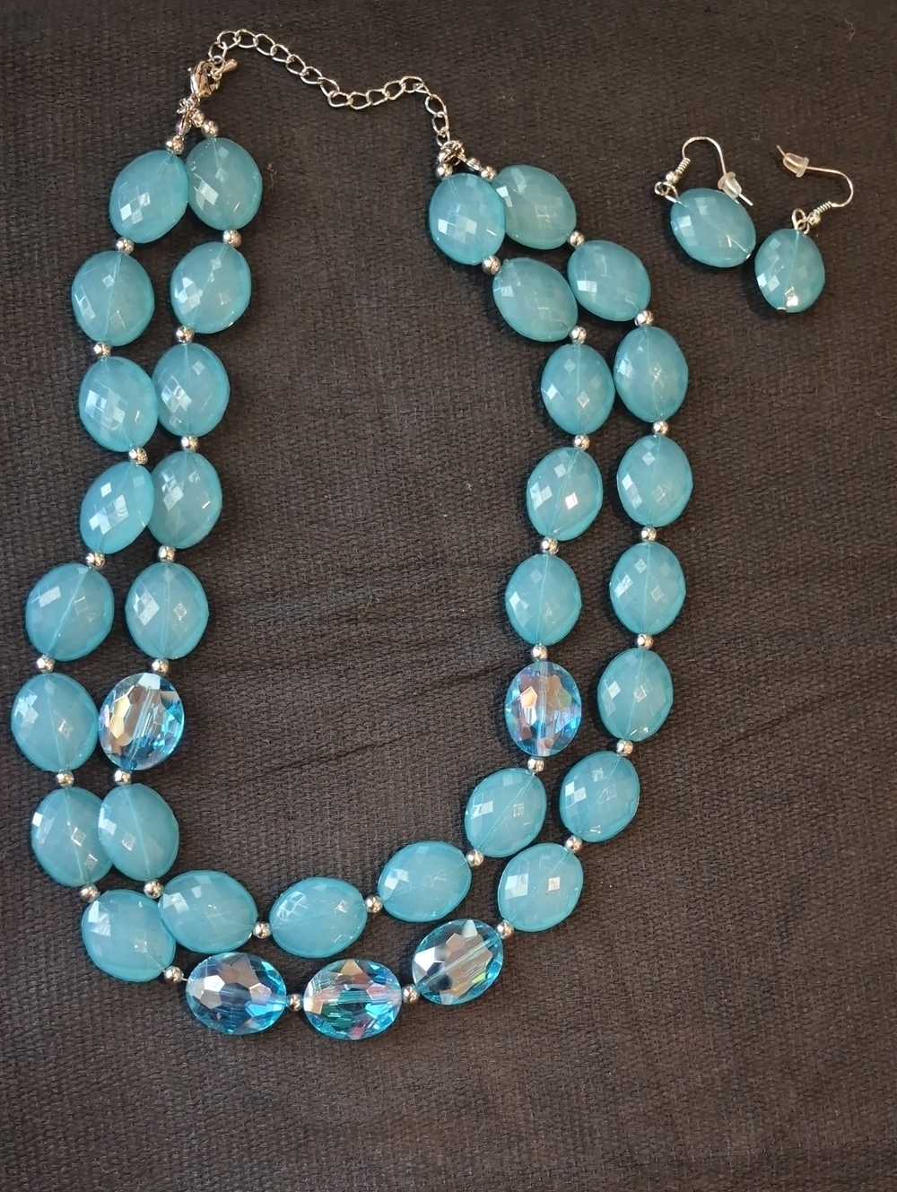 Charming Charlie Aqua Blue Faceted Double-Strand Necklace with Matching Earrings